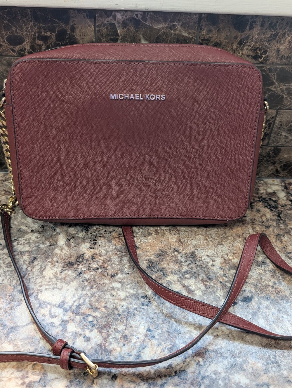 Michael Kors Saffiano Crossbody Bag in Deep Burgundy with Gold Hardware